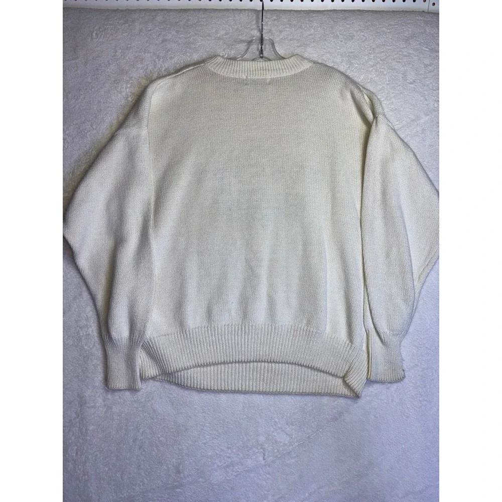 Vintage Structure Mens XL Cream Knit Sweater Heraldic Crest Embroidered Cotton